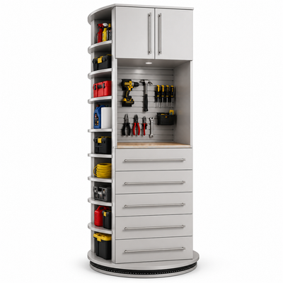 Garage rotating storage cabinet with drawers
